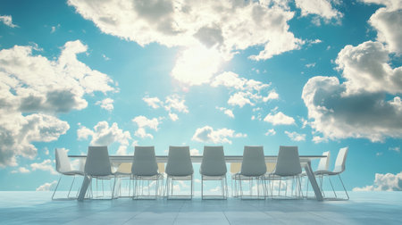 An inviting view of a modern conference table surrounded by empty chairs under a dramatic sky filled with clouds, perfect for a serene business setting.の素材