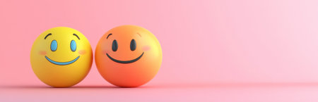 Two cheerful smiley faces in bright yellow and orange colors on a soft pink background. These playful characters evoke feelings of happiness and joy.の素材