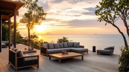 A serene outdoor lounge area featuring stylish furniture and a breathtaking sunset view over a calm ocean. Perfect for relaxation and tranquility.の素材