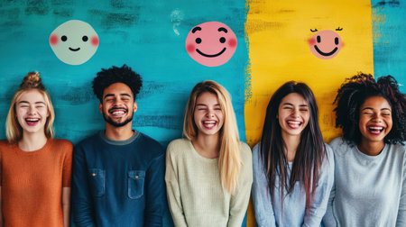 A vibrant image of a diverse group of young friends laughing together against a colorful wall. Their joy and friendship radiate positivity and happiness.の素材