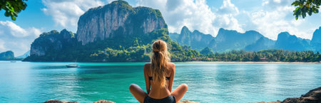 A serene woman meditating on a tropical beach, surrounded by stunning mountains and crystal-clear water, embodying peace and tranquility in nature.の素材