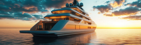 A luxurious super yacht anchored gracefully in the tranquil ocean at sunset. The stunning reflection on the waters surface enhances the serene atmosphere, perfect for travel enthusiasts.の素材