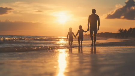 A silhouette of a father and two children walking hand in hand along the beach during a stunning sunset, capturing a moment of joy and connection with nature.の素材