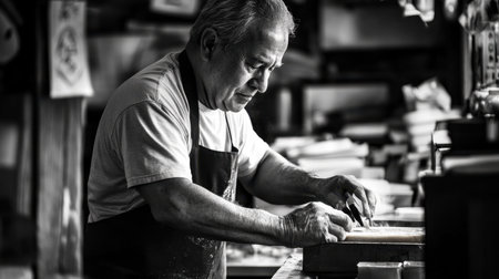 A dedicated craftsman meticulously prepares ingredients in a traditional kitchen, showcasing skill and artistry through his focused craftsmanship and tools.の素材