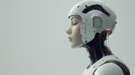 A stunning profile of a futuristic humanoid robot showcasing advanced technology and sleek design. The composition highlights the blend of human and machine characteristics.の素材