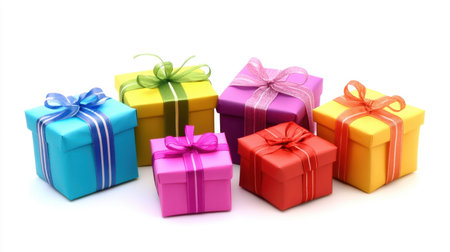 This vibrant collection of colorful gift boxes with ribbons adds a cheerful touch to any celebration. Perfect for wrapping presents and creating an inviting festive atmosphere.の素材