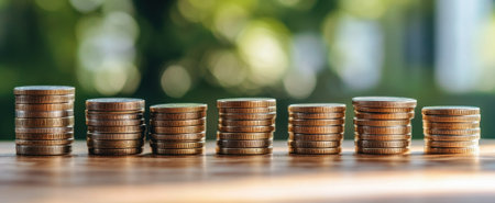 A meticulous arrangement of stacked coins showcases financial growth potential, set against a soft green backdrop that enhances the theme of prosperity and investment.の素材