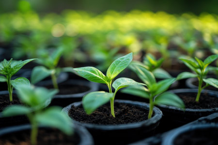 This close-up image showcases young seedlings thriving in black pots within a nursery setting, emphasizing the beauty of new plant growth and nurturing.の素材