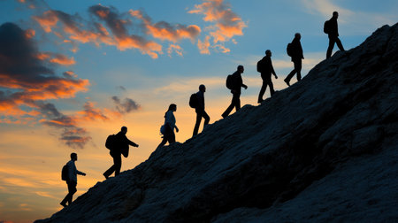 A group of hikers ascends a rugged mountain trail silhouetted against a stunning sunset. The vibrant colors of the sky create a breathtaking backdrop for this adventurous scene.の素材