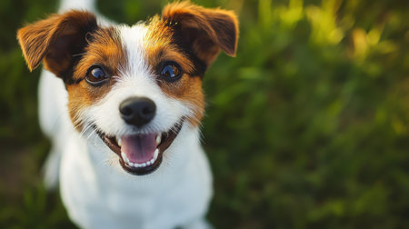 A cheerful dog smiles widely while standing on green grass, capturing the essence of happiness and playfulness in a sunny outdoor setting.の素材