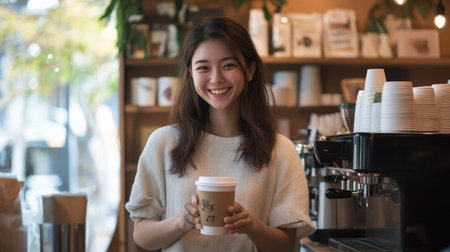 A cheerful young woman stands in a cozy cafe, holding a cup of coffee. Her warm smile reflects joy and relaxation in a trendy atmosphere filled with soft colors and friendly vibes.の素材