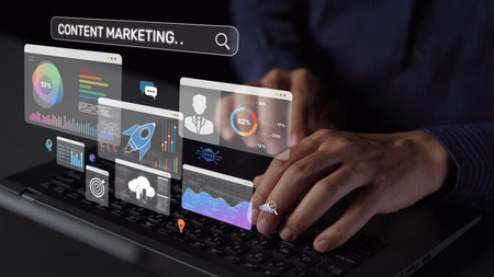 Content marketing interface with data dashboards, analytics charts, and content tools. Marketing success comes from content performance, content planning, and marketing optimization.の写真素材