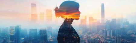 This unique photo features a womans silhouette merging with a vibrant cityscape and sunset, creating a dreamy double exposure effect, symbolizing inspiration and urban beauty.の素材
