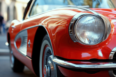 This stunning classic red sports car showcases a vintage design with gleaming chrome accents and elegant features. Perfect for automotive enthusiasts.の素材
