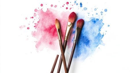 A stunning composition featuring paint brushes against vibrant red and blue watercolor splashes. Perfect for art and creativity themes.の素材