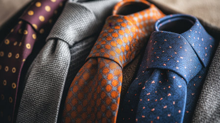 A close-up view of elegant neckties displayed in a stylish box showcases a variety of colors and patterns. Perfect for formal attire and fashion inspiration.の素材