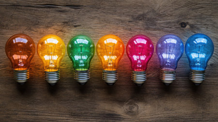 This vibrant image showcases a row of colorful light bulbs against a wooden background, creating a visually striking effect ideal for creative projects.の素材