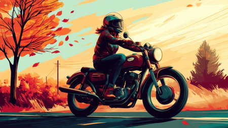 A dynamic illustration of a woman riding a classic motorcycle through a vibrant autumn landscape, capturing the essence of adventure and freedom amidst colorful falling leaves.の素材