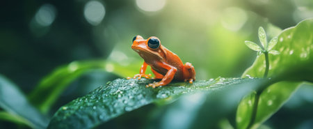 Close-up of a bright orange frog perched on a green leaf surrounded by vibrant foliage. This serene image captures the beauty of nature and wildlife.の素材