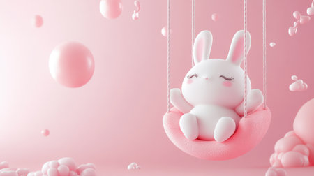 A charming 3D bunny character swings happily in a soft pink pastel setting, evoking feelings of joy and innocence in a whimsical atmosphere perfect for childrens themes.の素材