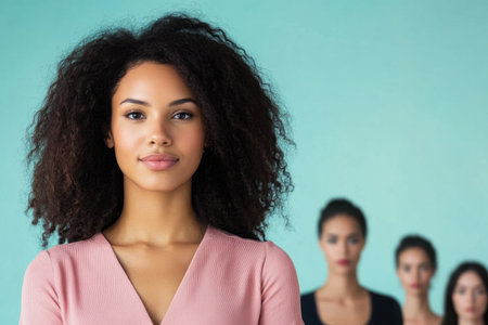 A confident woman with curly hair stands in focus, showcasing beauty and individuality, with a soft green backdrop and a group of models blurred behind her.の素材