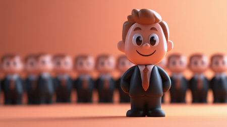 A cheerful cartoon businessman stands confidently in the foreground, surrounded by a group of identical figures. This vibrant image symbolizes teamwork and leadership in a creative, playful officeの素材