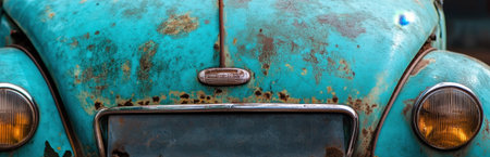 A close-up view of a vintage blue car hood showing intricate rust and worn paint textures. The natural light highlights the vehicleâs history and character.の素材