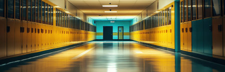 A vibrant and well-lit school hallway featuring striking yellow lockers against blue walls. The polished floor reflects the bright interior, creating an inviting atmosphere.の素材