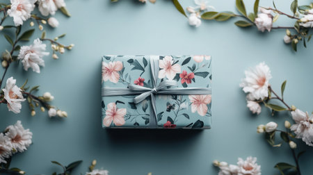 A beautifully wrapped gift box adorned with floral patterns rests on a soft blue background, surrounded by delicate flowers. Perfect for celebrations and special occasions.の素材