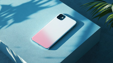 A sleek smartphone with a soft gradient design rests on a minimalistic surface. The interplay of light and shadow creates an elegant atmosphere, perfect for showcasing modern technology.の素材