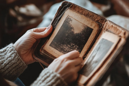 A warm and inviting scene of hands holding a vintage photo album filled with old pictures, evoking nostalgia and the beauty of cherished memories.の素材
