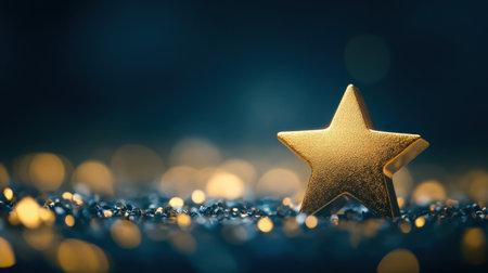 A captivating golden star rests on a shimmering background, illuminated by a beautiful bokeh effect. This image captures the essence of celebration and elegance.の素材