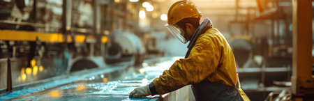 A dedicated worker in protective gear inspects a metal sheet in a bustling factory. The warm lighting highlights the focus on safety and craftsmanship.の素材