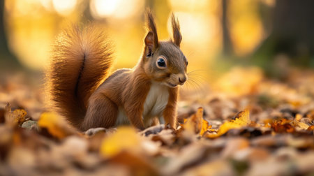 A charming squirrel stands amidst colorful autumn leaves, showcasing its fluffy tail and curious eyes. The warm hues of fall create a stunning backdrop.の素材