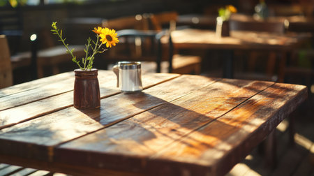 A charming cafe scene featuring a rustic wooden table. A small vase holds a vibrant sunflower, complemented by a silver coffee cup, creating a warm and inviting atmosphere.の素材