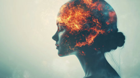 A captivating silhouette of a woman with abstract flames representing thought and creativity. The image symbolizes the power of imagination and emotion.の素材