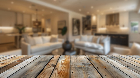 Wooden table top in a setting of blurred minimal Scandinavian living room, perfect for placing and showcasing advertising products.の素材