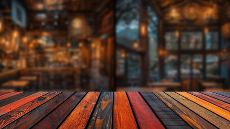 Wooden table in front of blurred, modern restaurant scene at night. This setup provides ample space on table for showcasing food or advertising products, set against restaurants lively evening.の素材
