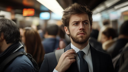 A thoughtful young man wearing a suit and tie stands amidst a busy crowd in a public transport setting, reflecting a moment of solitude in a bustling city environment.の素材