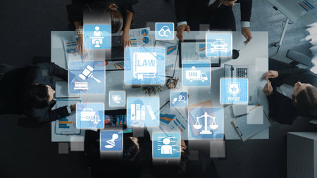 Law icons illustrate justice, court, and regulation system. Law represents fairness, law supports police, and law connects with rules, rights, and enforcement.の写真素材