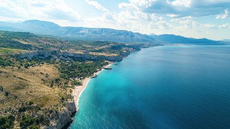 Breathtaking aerial view of a tranquil coastline featuring crystal clear water and scenic mountains in the background, perfect for travel inspiration.の素材