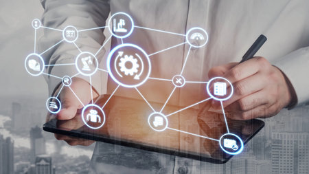 Predictive maintenance icons for industry, automation, smart factory and manufacturing showing data analysis, monitoring, robotics and system optimization with advanced maintenance solutions.の写真素材