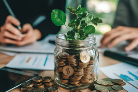 A green plant sprouts from a jar filled with coins, symbolizing growth and investment in finance. The background shows a collaborative workspace.の素材