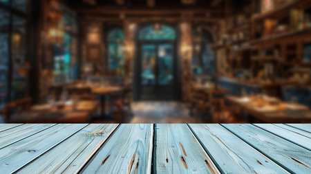 Featuring an unoccupied wooden table with blurred background of chic restaurant at night provides an excellent space on table for food-related displays, stylish and lively atmosphere of restaurant.の素材