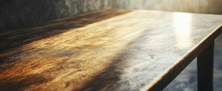 A beautifully crafted wooden table showcases rich textures and reflective surfaces, illuminated by soft light. Perfect for modern interiors and artistic designs.の素材