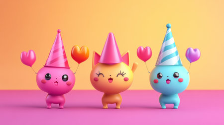 Adorable cartoon characters celebrate with colorful party hats and balloons. Bright colors and cheerful expressions make this image perfect for festive themes.の素材