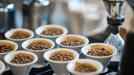 A close-up view of the coffee brewing process showcasing freshly roasted beans in white cups, emphasizing the rich aroma and meticulous preparation methods.の素材