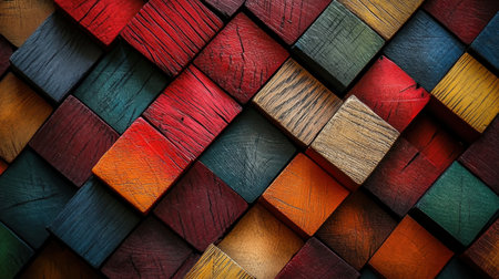 A visually striking arrangement of colorful wooden blocks, featuring an array of textures and vibrant hues. This captivating background showcases creativity and artistry.の素材