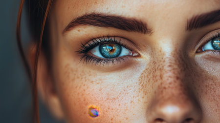 A mesmerizing close-up portrait captures the ethereal beauty of a young woman with striking blue eyes and charming freckles, showcasing intricate details and vibrant colors.の素材