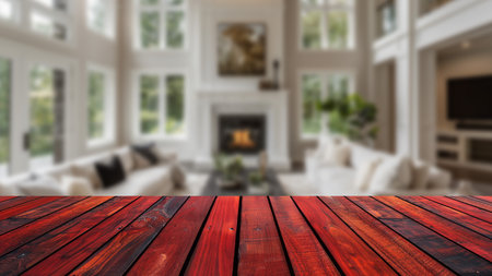 Wooden table with a Scandinavian living room blurred in the background, perfect for displaying advertising products and presentation materials.の素材